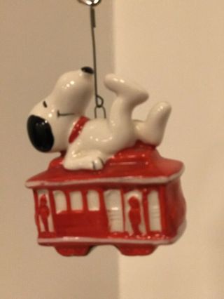 Vintage 1966 Snoopy On Trolly Car Ceramic Christmas Ornament 2 1/2 "