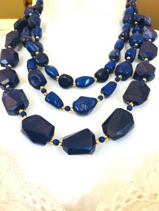 Vintage 3 Strands Trifari Abstract Chunky Navy Blue Lucite Bead Necklace Choker