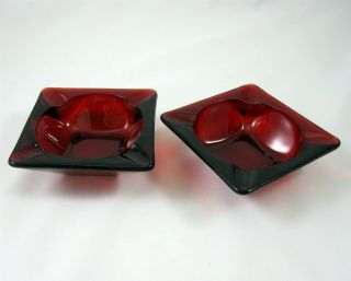 Anchor Hocking 2 Royal Ruby Red Glass Ashtrays Vintage 1960s Small Square