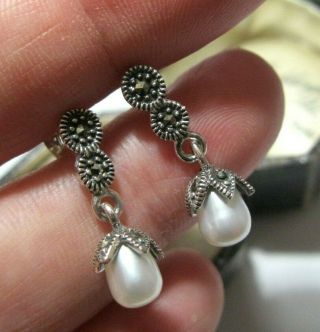 Vintage Style Art Deco Sterling Silver Marcasite Real Pearl Drop Earrings