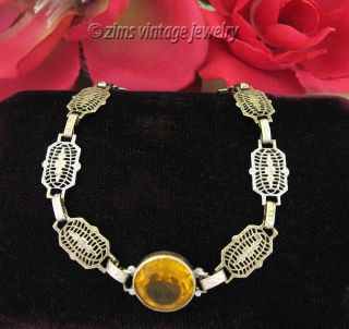 Vintage Art Deco Amber Glass Crystal Silver Rhodium Plate Filigree Link Bracelet