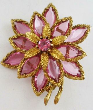Pretty Vintage Flower Pin Brooch W/pink Marquis Crystal Glass & Rhinestone