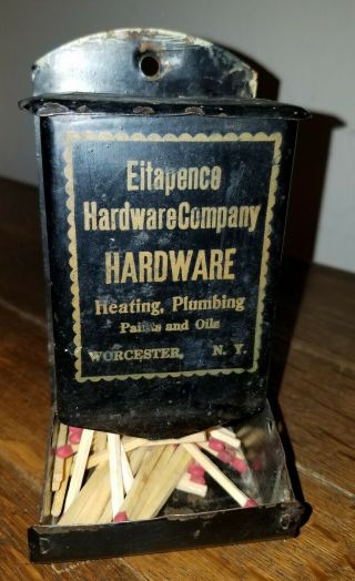 Vintage Black Tin Adv Wall Mount Match Holder Eitapence Hardware - Worcester Ny