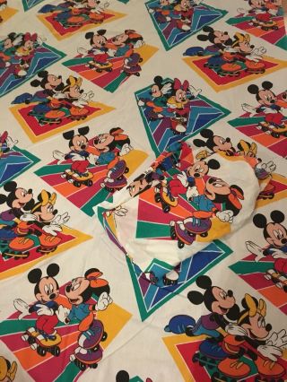(2) Vintage The Walt Disney Co.  Mickey & Minnie Roller Skating Flat Sheet Fabric