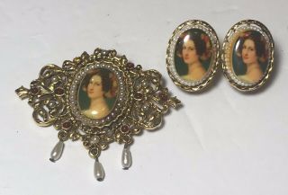 Vintage Art Signed Cameo Brooch & Clip On Earrings Set W/ Ornate Faux Pearls
