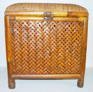Vintage Mid Century Bamboo Rattan Wicker Ottoman Stool & Possibles Container