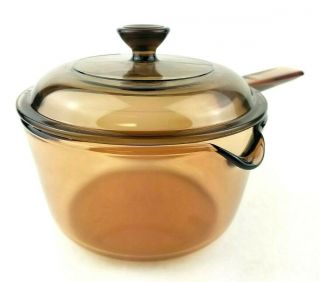Vintage Corning Pyrex Vision Ware 1 L Amber Glass Pot Sauce Pan With Lid U.  S.  A