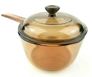 VINTAGE Corning Pyrex Vision Ware 1 L Amber Glass Pot Sauce Pan with Lid U.  S.  A 2