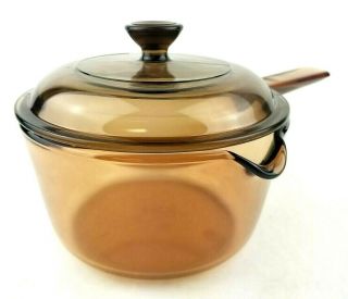 VINTAGE Corning Pyrex Vision Ware 1 L Amber Glass Pot Sauce Pan with Lid U.  S.  A 3