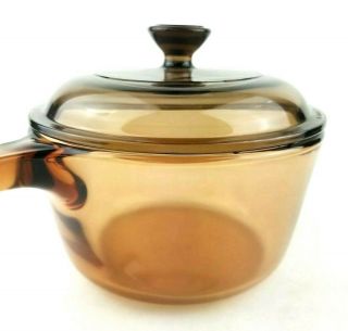 VINTAGE Corning Pyrex Vision Ware 1 L Amber Glass Pot Sauce Pan with Lid U.  S.  A 5