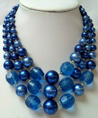 Stunning Vintage Estate Signed Japan Blue Bead Triple Strand 16 " Necklace 2263b