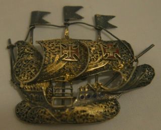 Vintage Jewelry Topazio Spain Damascene Viking Ship Brooch Pin Sterling Silver