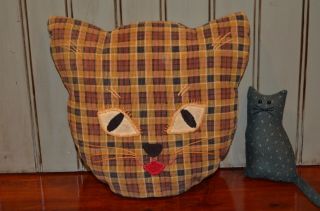 Vintage Primitive Handmade Brown Corduroy Plaid Stuffed Cat 10 " X 10 "