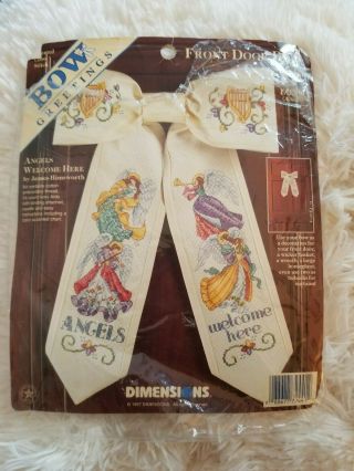 Dimensions Bow Greetings Counted Cross Stitch 1997 Door Bow Angels Welcome Vtg