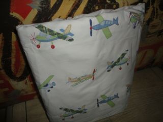 Pottery Barn Kids Vintage Planes Airplanes Green Blue Full Flat Sheet 82 X 88