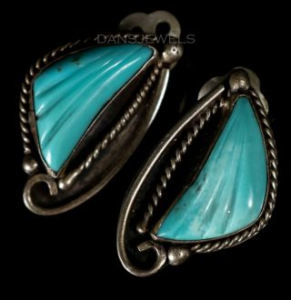 Old Pawn Navajo Vintage Sterling Carved Turquoise Clip On Old Earrings