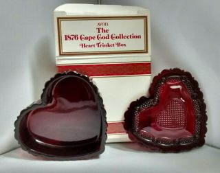 Vintage Avon 1876 Cape Cod Ruby Red Glass Heart Trinket Box Jewelry Dish Org Box
