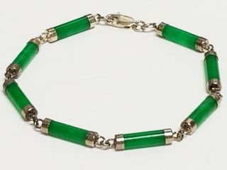 Vintage Sterling Silver & Green Jade Chinese Link Bracelet 7 1/4 " Long Signed Gd