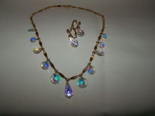 Vintage Sarah Coventry Signed Aurora Borealis Glass Necklace And Earring Set Euc