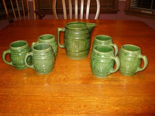 Vintage Nelson Mccoy Pottery Green Barrel Water Pitcher And Mug Set 4