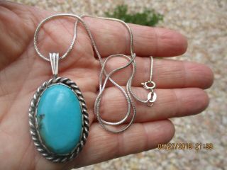 Vintage Navajo Turquoise & Sterling Silver Pendant Necklace Signed Picto Back