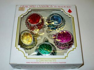 5 Vtg Christmas Bradford Bold Colors Glass Indent Glitter Tree Ornaments Box