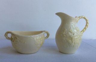 Vintage Belleek Ireland Porcelain Ivory Yellow Open Sugar Bowl & Creamer Pitcher