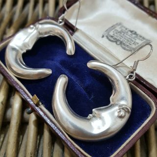VINTAGE 925 SILVER EARRINGS,  LARGE HALF MOON,  TAXCO MEXICO,  HALLMARKED 3