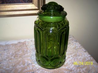 Vintage Le Smith Large Moon & Stars Green Glass Canister/apothecary Jar W/lid