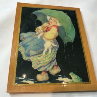 Vintage Picture Of Dutch Girl With Umbrella And Dog Wood Frame And Back Good