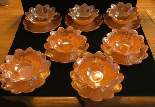 Set Of 7 Fire King Vintage Lotus Blossom Peach Lustre Ware Bowls & Saucers (sh26