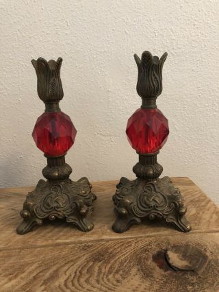2 Vintage Ornate Ruby Red Glass Prism Candle Sticks Sconce Votive Holders