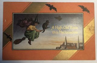 Whitney Witch On Broomstick Vintage Halloween Postcard
