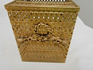 Vintage Gold Ormolu Tissue Box Cover Holder With Rope & Flower Decor