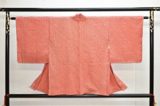 Vintage Silk Kimono Jacket:fully Shibori Poppy Red Plain@yk32