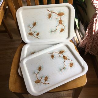 Set Of 3 Vintage Metal Trays Lap Serving Tv Bed Pine Cone Rustic Cabin Decor Mcm