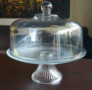 Vintage Clear Textured Glass 11 " Cake Stand Pedestal With 10.  25 " Dome Lid