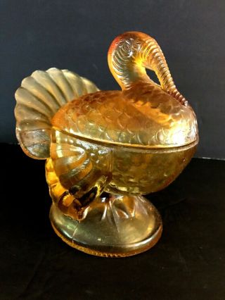 Vintage L.  E.  Smith? - Amber Glass Turkey Covered Dish / Gravy Boat With Lid
