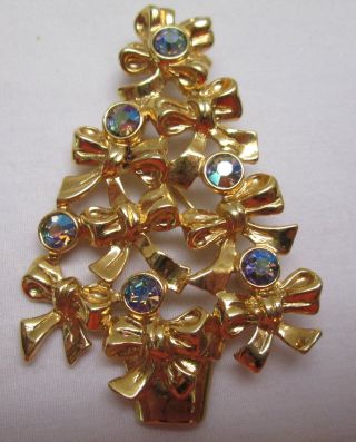 Vintage Avon Christmas Tree Pin Brooch Iridescent Stones Gold Tone Bow