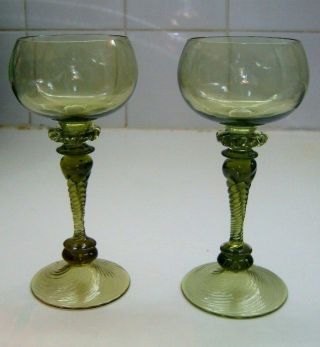 2 Vintage Quality Green Art Glass Spiral Stem Wine Hocks - Stourbridge? - Vgc