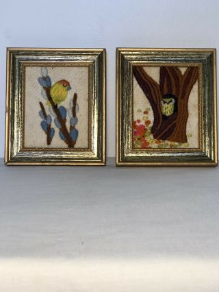 (2) Vintage Small Owl & Bird Crewel Embroidery Wall Hangings Finished Completed