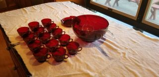 Anchor Hocking Royal Ruby Red Punch Bowl & Base 14 Cups Depression Glass Set Vtg