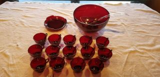 Anchor Hocking Royal Ruby Red Punch Bowl & Base 14 Cups Depression Glass Set VTG 2