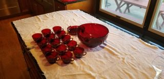 Anchor Hocking Royal Ruby Red Punch Bowl & Base 14 Cups Depression Glass Set VTG 5