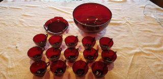 Anchor Hocking Royal Ruby Red Punch Bowl & Base 14 Cups Depression Glass Set VTG 6