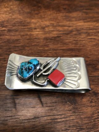 Vintage Handmade Navajo Money Clip - Coral And Turquoise - Sterling Silver