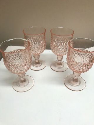 Set Of 4 Vintage Indiana Glass Pink Diamond Point Wine Goblets