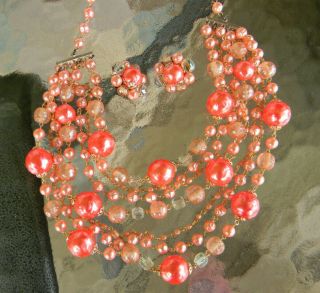 Vintage 1960 ' s 7 strand Necklace Clip On Earring SET Pink Orange Marked JAPAN 2