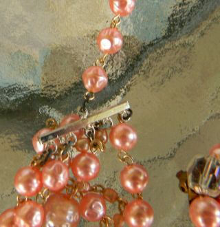 Vintage 1960 ' s 7 strand Necklace Clip On Earring SET Pink Orange Marked JAPAN 5