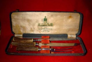 Vintage Haddon Hall Sheffield 3 - Piece Antler Carving Set Stainless Box